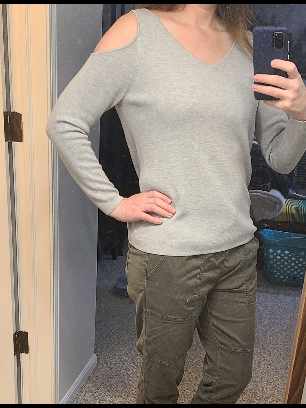 Banana Republic Light Gray Cold-Shoulder V-Neck Sweater